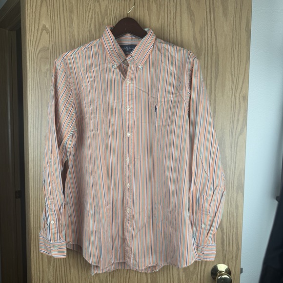 Polo Ralph Lauren Custom Fit Orange Blue Striped L/S Shirt 17 XL Button Up - Picture 1 of 4